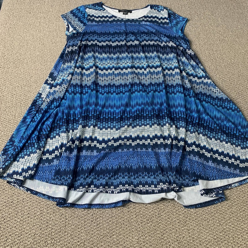 Karen Kane Womens Dress Large Blue Printed Short‎ Sleeves Mini Unlined Stretch